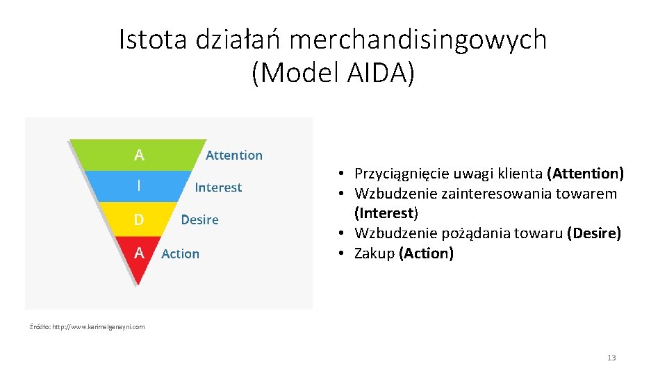 Istota działań merchandisingowych (Model AIDA) • Przyciągnięcie uwagi klienta (Attention) • Wzbudzenie zainteresowania towarem