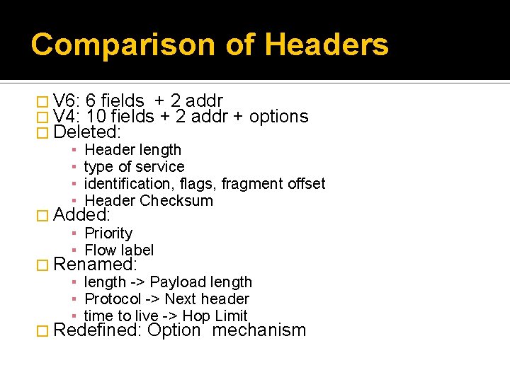 Comparison of Headers � V 6: 6 fields + 2 addr � V 4: