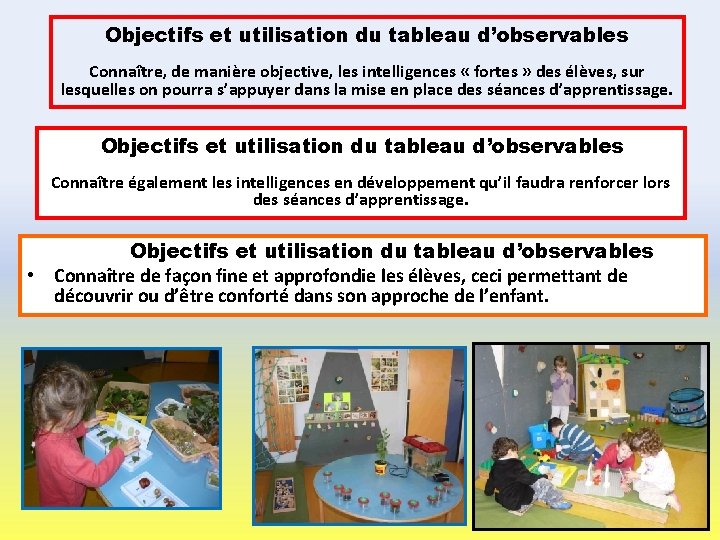 Objectifs et utilisation du tableau d’observables Connaître, de manière objective, les intelligences « fortes