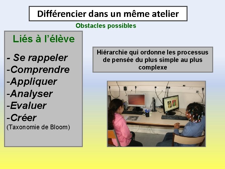 Différencier dans un même atelier Obstacles possibles Liés à l’élève - Se rappeler -Comprendre