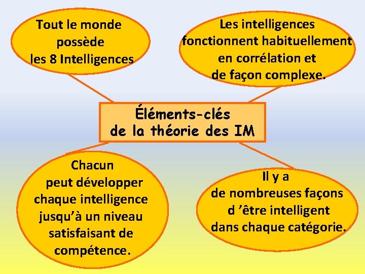 Tout le monde possède les 8 Intelligences Les intelligences fonctionnent habituellement en corrélation et