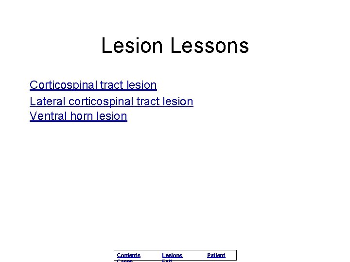 Lesion Lessons Corticospinal tract lesion Lateral corticospinal tract lesion Ventral horn lesion Contents Lesions