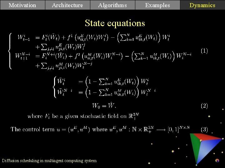 Motivation Architecture Algorithms Examples State equations Conclusions Diffusion scheduling in multiagent computing system Dynamics Motivation Architecture Algorithms Examples State equations Conclusions Diffusion scheduling in multiagent computing system Dynamics