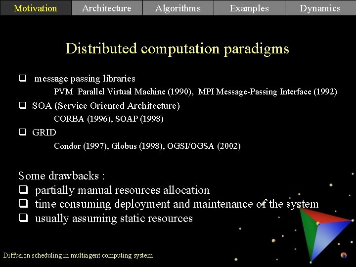 Motivation Architecture Algorithms Examples Dynamics Distributed. Motivation computation paradigms q message passing libraries PVM Motivation Architecture Algorithms Examples Dynamics Distributed. Motivation computation paradigms q message passing libraries PVM