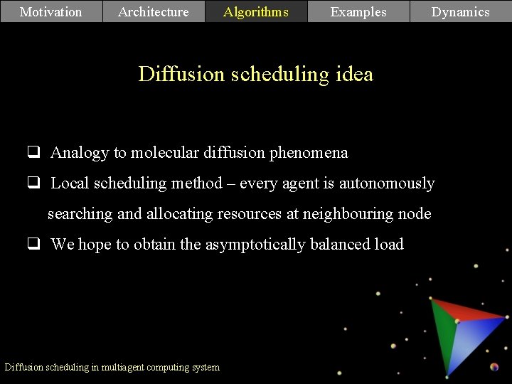 Motivation Architecture Algorithms Examples Dynamics Algorithms Diffusion scheduling idea q Analogy to molecular diffusion Motivation Architecture Algorithms Examples Dynamics Algorithms Diffusion scheduling idea q Analogy to molecular diffusion