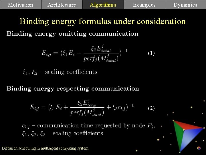 Motivation Architecture Algorithms Examples Dynamics Binding energy formulas under consideration (1) (2) Diffusion scheduling Motivation Architecture Algorithms Examples Dynamics Binding energy formulas under consideration (1) (2) Diffusion scheduling