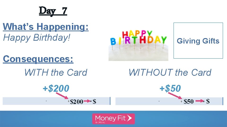 Day 7 What’s Happening: Happy Birthday! Giving Gifts Consequences: WITH the Card WITHOUT the