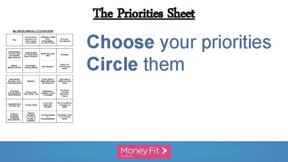 The Priorities Sheet Choose your priorities Circle them 