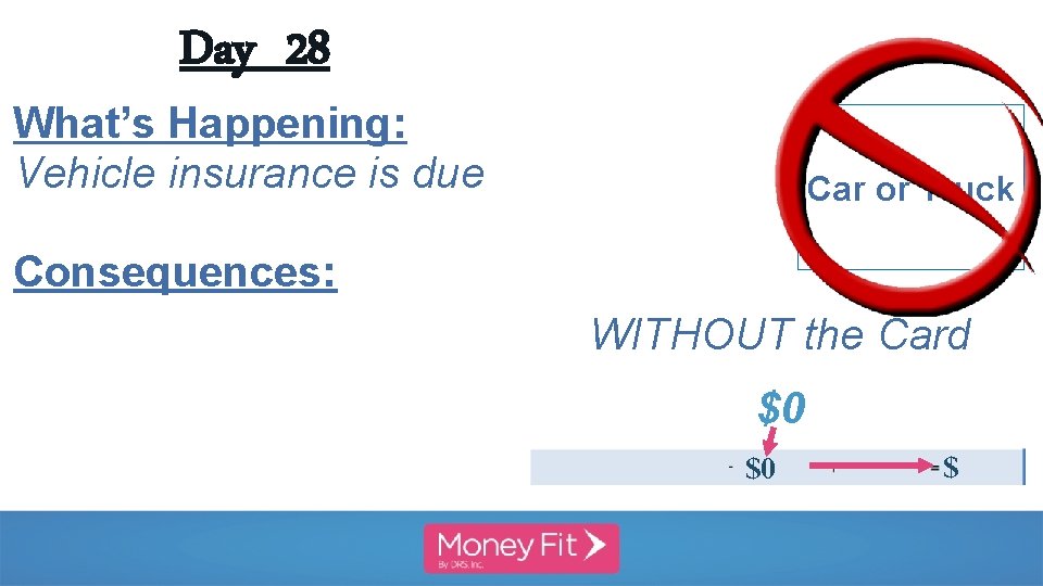 Day 28 What’s Happening: Vehicle insurance is due Car or Truck Consequences: WITHOUT the