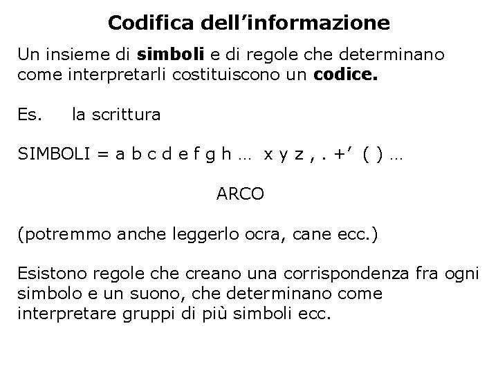 Codifica dell’informazione Un insieme di simboli e di regole che determinano come interpretarli costituiscono