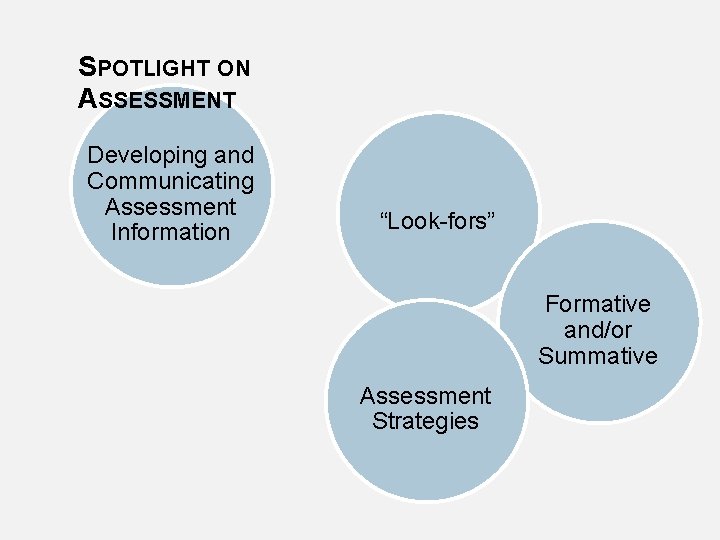 SPOTLIGHT ON ASSESSMENT Developing and Communicating Assessment Information “Look-fors” Formative and/or Summative Assessment Strategies
