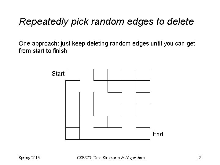 Repeatedly pick random edges to delete One approach: just keep deleting random edges until Repeatedly pick random edges to delete One approach: just keep deleting random edges until
