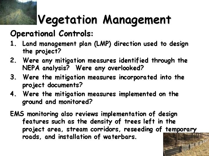 Vegetation Management Operational Controls: 1. Land management plan (LMP) direction used to design the