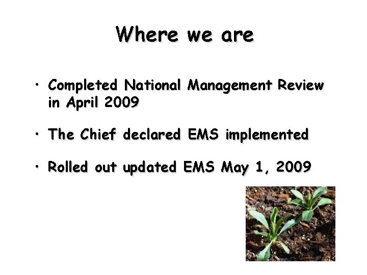 Where we are • Completed National Management Review in April 2009 • The Chief