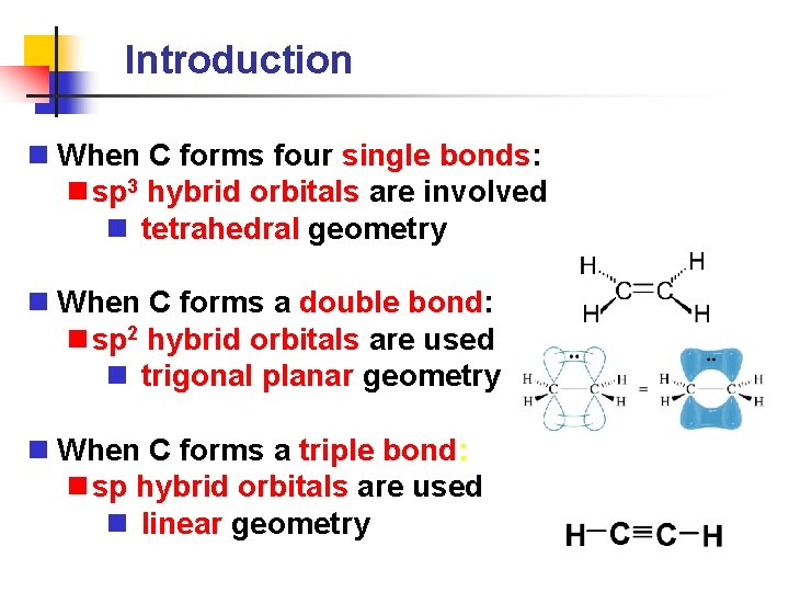 Introduction n When C forms four single bonds: n sp 3 hybrid orbitals are