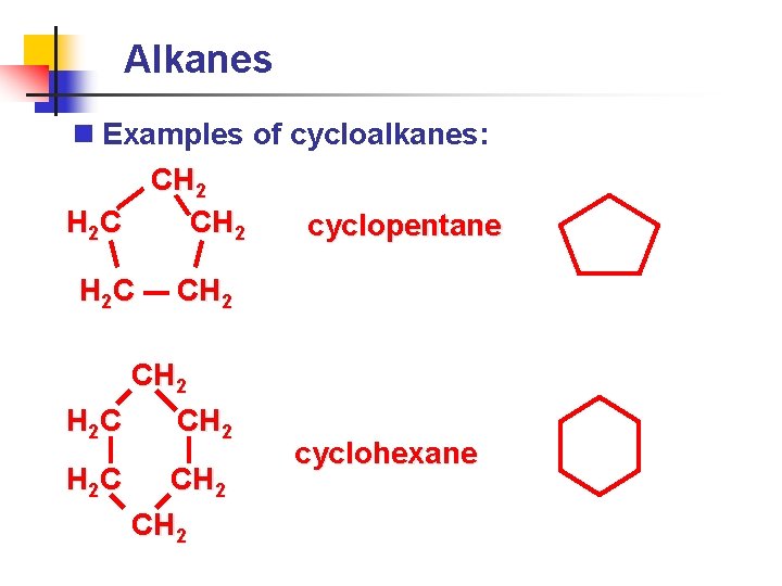 Alkanes n Examples of cycloalkanes: CH 2 H 2 C CH 2 cyclopentane H