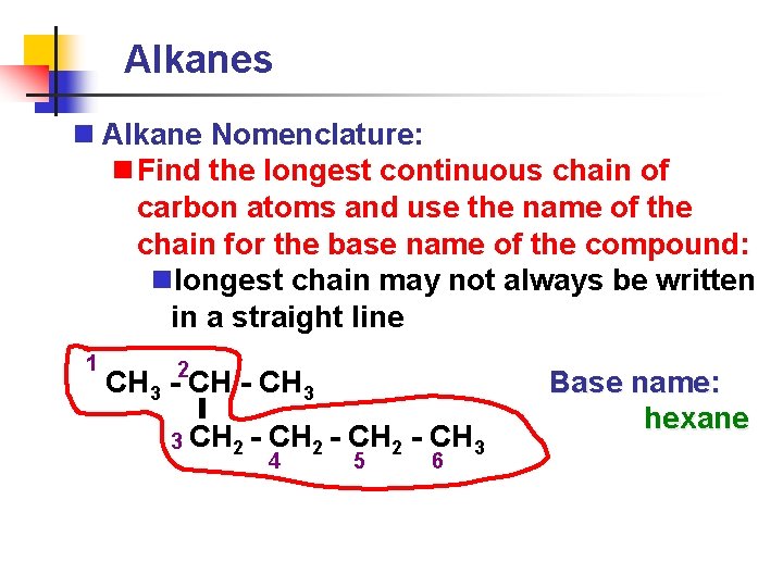 Alkanes n Alkane Nomenclature: n Find the longest continuous chain of carbon atoms and