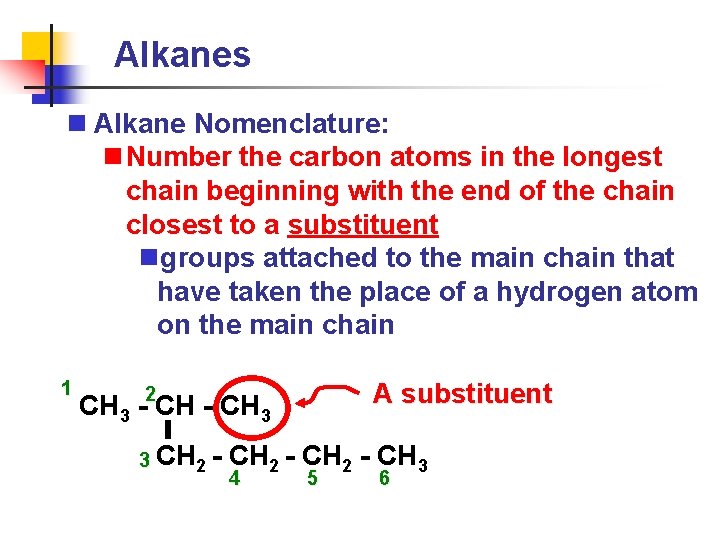 Alkanes n Alkane Nomenclature: n Number the carbon atoms in the longest chain beginning