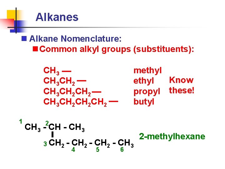 Alkanes n Alkane Nomenclature: n Common alkyl groups (substituents): CH 3 CH 2 CH