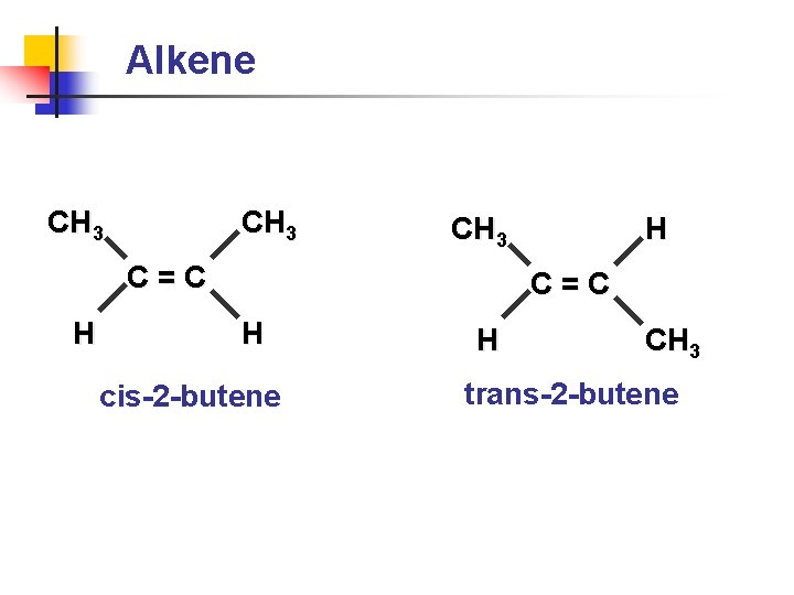 Alkene CH 3 C=C H H C=C H cis-2 -butene H CH 3 trans-2