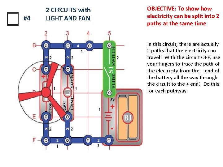 #4 2 CIRCUITS with LIGHT AND FAN OBJECTIVE: To show electricity can be split