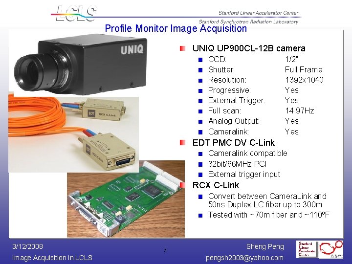 Profile Monitor Image Acquisition UNIQ UP 900 CL-12 B camera CCD: Shutter: Resolution: Progressive:
