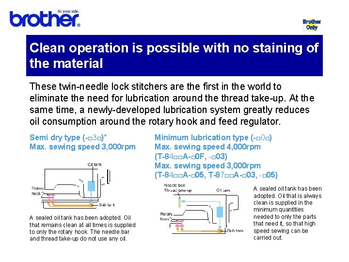 Clean operation is possible with no staining of the material These twin-needle lock stitchers