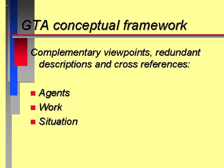 GTA conceptual framework Complementary viewpoints, redundant descriptions and cross references: Agents n Work n