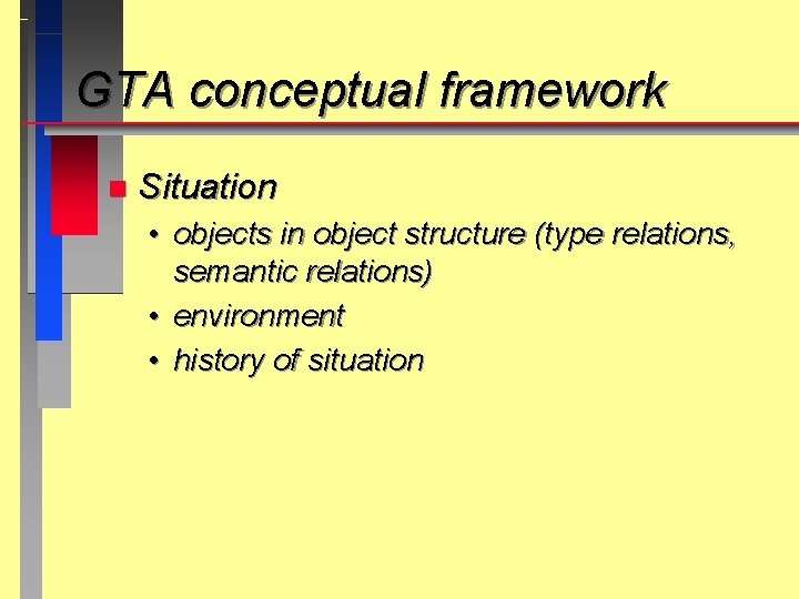 GTA conceptual framework n Situation • objects in object structure (type relations, semantic relations)