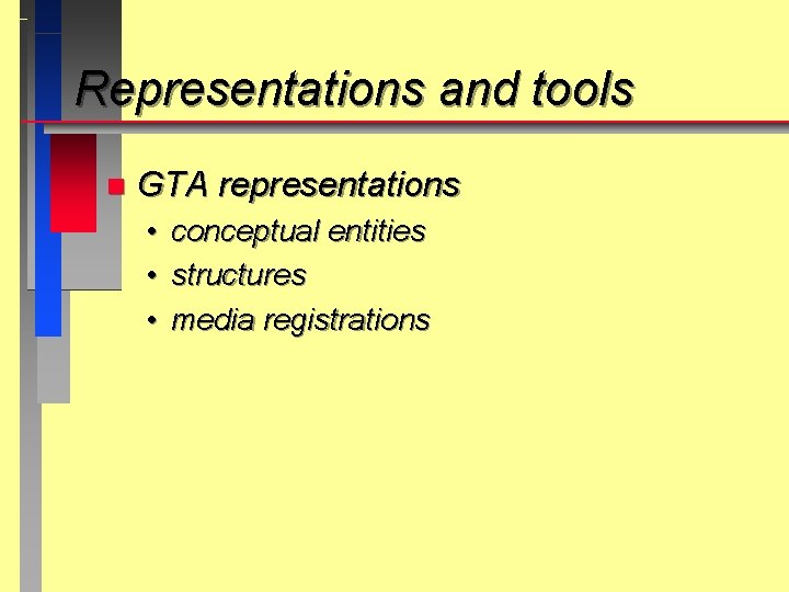 Representations and tools n GTA representations • • • conceptual entities structures media registrations
