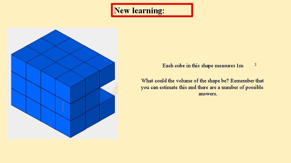 New learning: Each cube in this shape measures 1 m 3 What could the