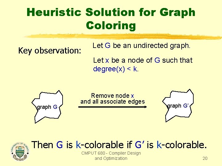 Heuristic Solution for Graph Coloring Key observation: Let G be an undirected graph. Let