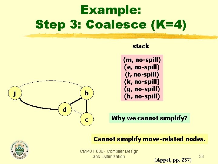 Example: Step 3: Coalesce (K=4) stack j b (m, no-spill) (e, no-spill) (f, no-spill)