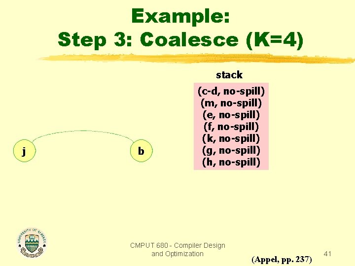 Example: Step 3: Coalesce (K=4) stack j b (c-d, no-spill) (m, no-spill) (e, no-spill)