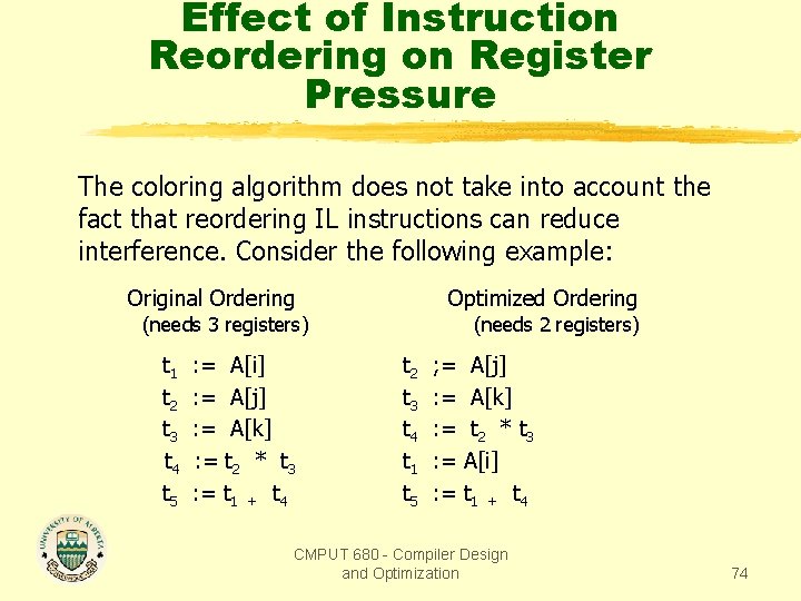 Effect of Instruction Reordering on Register Pressure The coloring algorithm does not take into