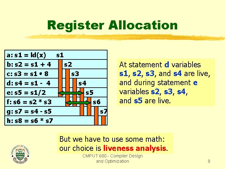 Register Allocation s 1 a: s 1 = ld(x) s 2 b: s 2