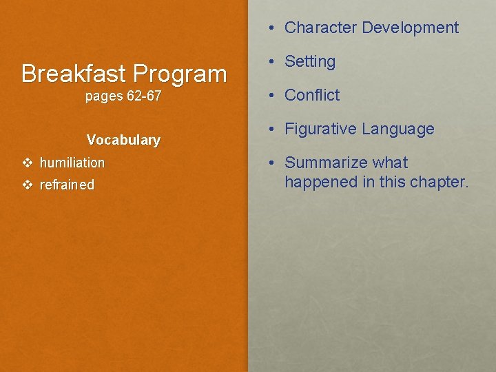  • Character Development Breakfast Program pages 62 -67 Vocabulary v humiliation v refrained