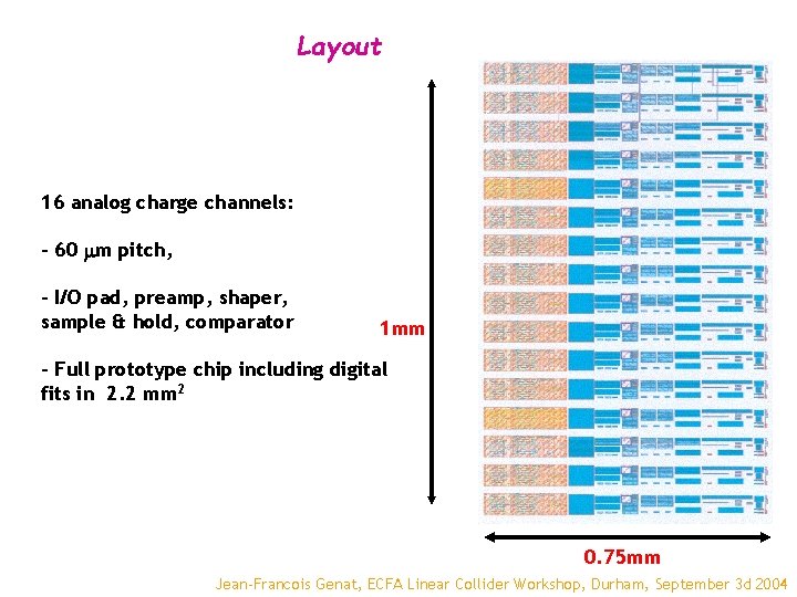 Layout 16 analog charge channels: - 60 mm pitch, - I/O pad, preamp, shaper,