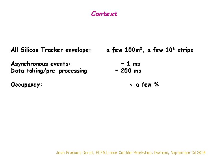 Context All Silicon Tracker envelope: Asynchronous events: Data taking/pre-processing Occupancy: a few 100 m