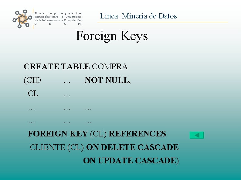 Línea: Minería de Datos Foreign Keys CREATE TABLE COMPRA (CID … NOT NULL, CL