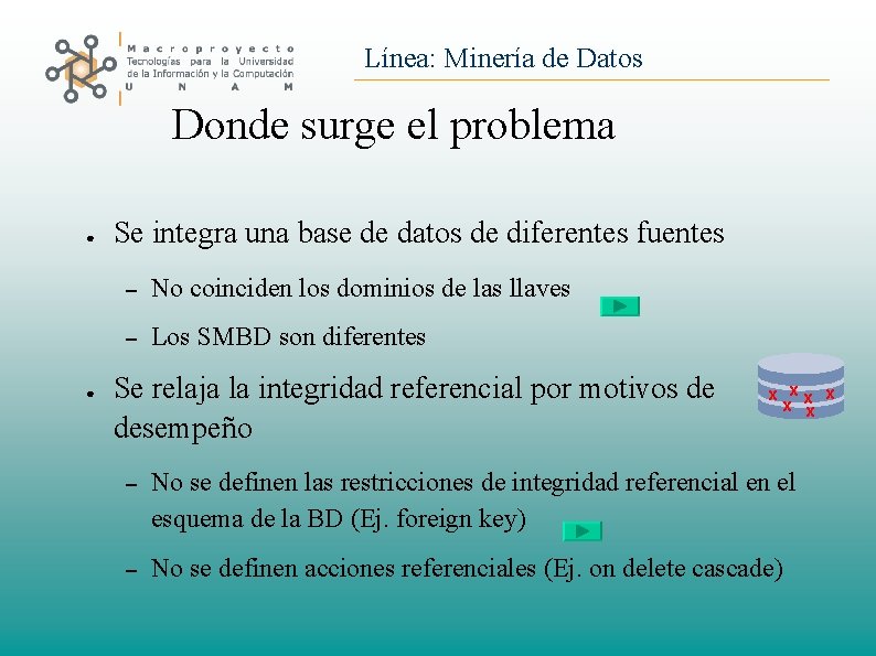 Línea: Minería de Datos Donde surge el problema ● ● Se integra una base