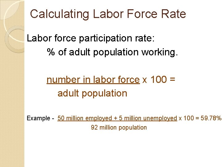 Calculating Labor Force Rate Labor force participation rate: % of adult population working. number