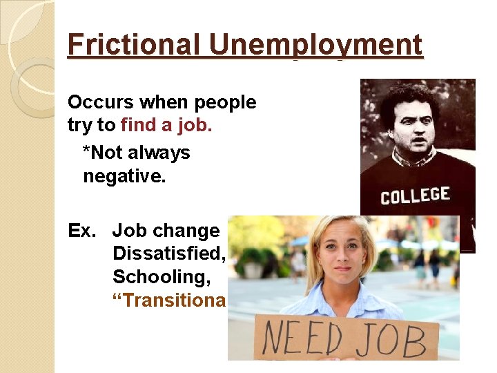 Frictional Unemployment Occurs when people try to find a job. *Not always negative. Ex.