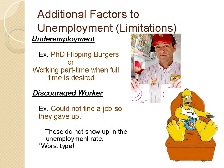 Additional Factors to Unemployment (Limitations) Underemployment Ex. Ph. D Flipping Burgers or Working part-time