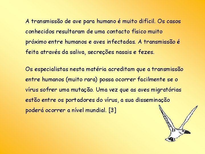 A transmissão de ave para humano é muito difícil. Os casos conhecidos resultaram de