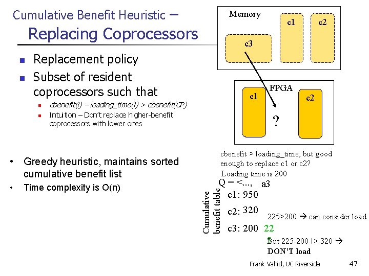 – Replacing Coprocessors Cumulative Benefit Heuristic n Replacement policy Subset of resident coprocessors such