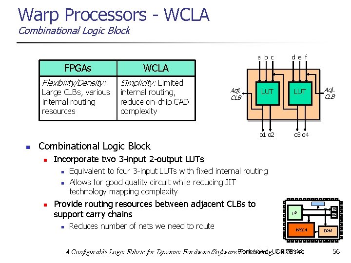Warp Processors - WCLA Combinational Logic Block FPGAs Flexibility/Density: Large CLBs, various internal routing