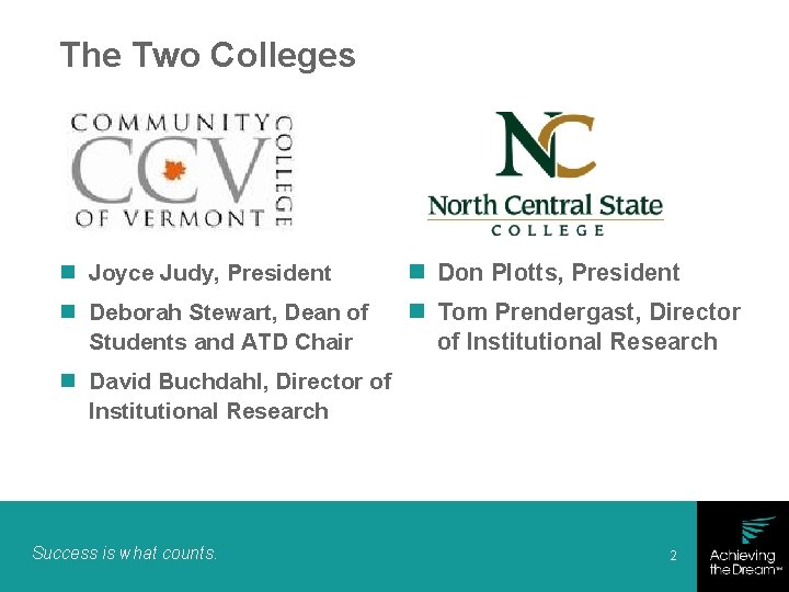 The Two Colleges n Joyce Judy, President n Don Plotts, President n Deborah Stewart,