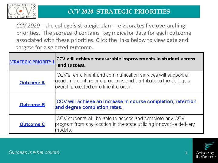CCV 2020 STRATEGIC PRIORITIES CCV 2020 – the college’s strategic plan – elaborates five