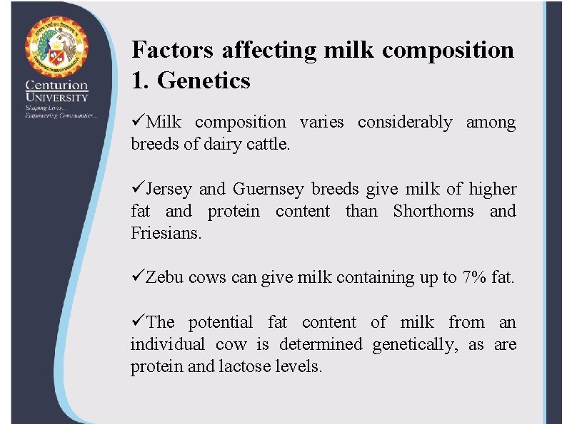 Factors affecting milk composition 1. Genetics üMilk composition varies considerably among breeds of dairy